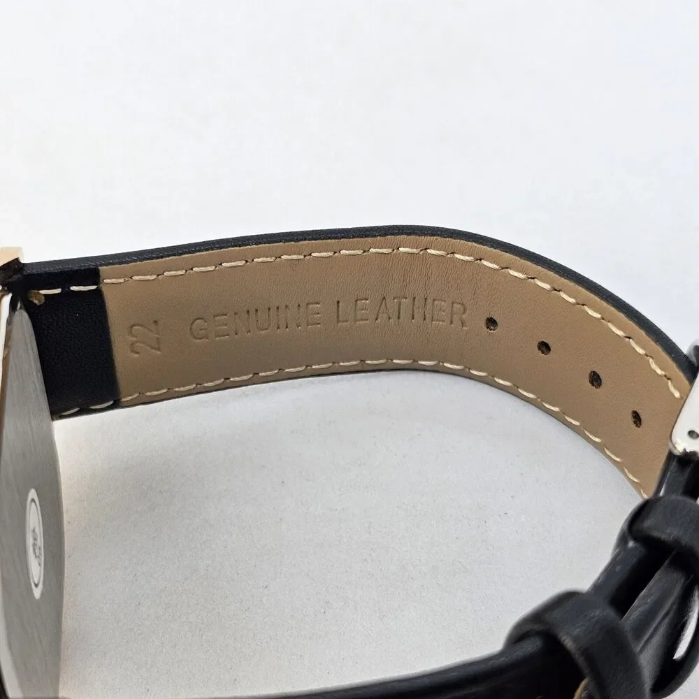 Men's Watch 42MM Black Dial‎ Gold Case Black Leather Band Straps Date Indicator